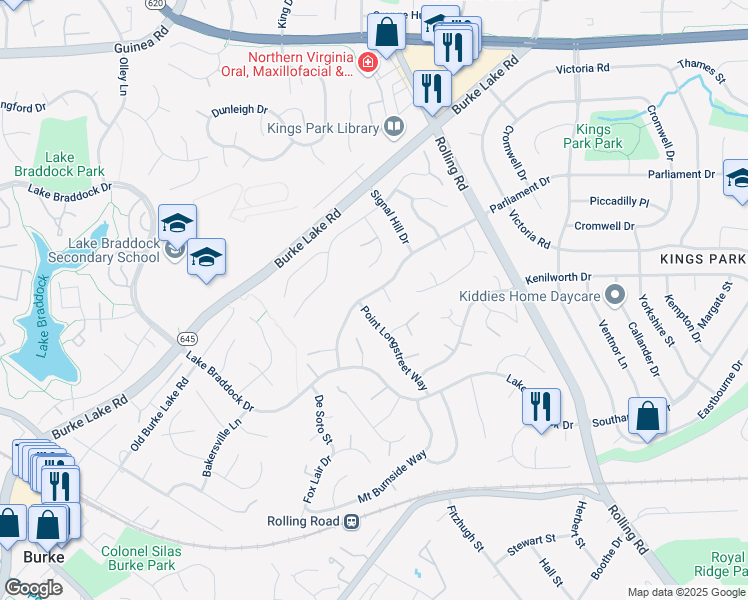 map of restaurants, bars, coffee shops, grocery stores, and more near 9025 Parliament Dr in Burke