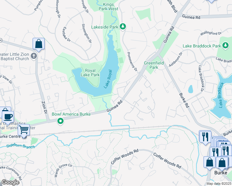 map of restaurants, bars, coffee shops, grocery stores, and more near 9856 Lakepointe Drive in Burke