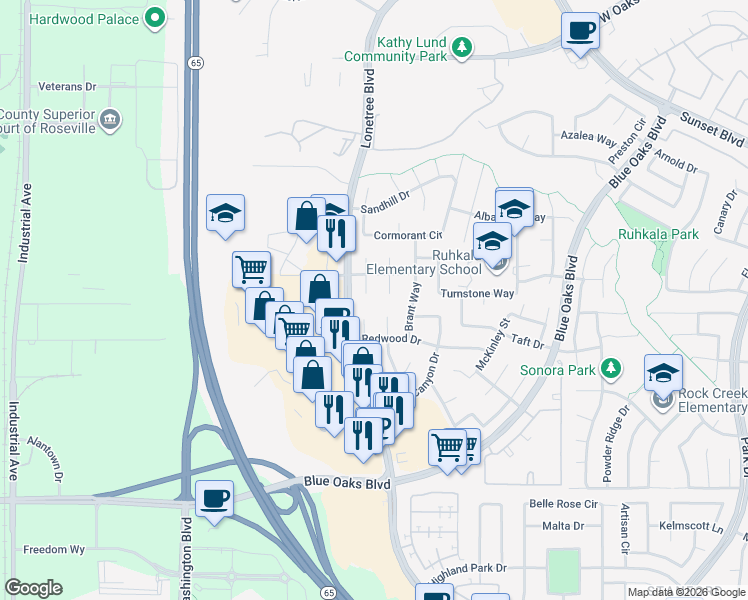 map of restaurants, bars, coffee shops, grocery stores, and more near 6508 Cleveland Court in Rocklin