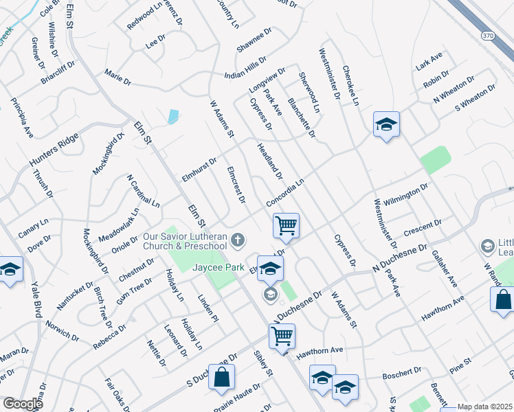 map of restaurants, bars, coffee shops, grocery stores, and more near 505 Concordia Lane in Saint Charles