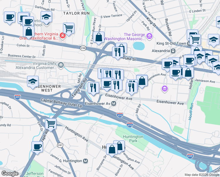 map of restaurants, bars, coffee shops, grocery stores, and more near 239 Hoffman Street in Alexandria