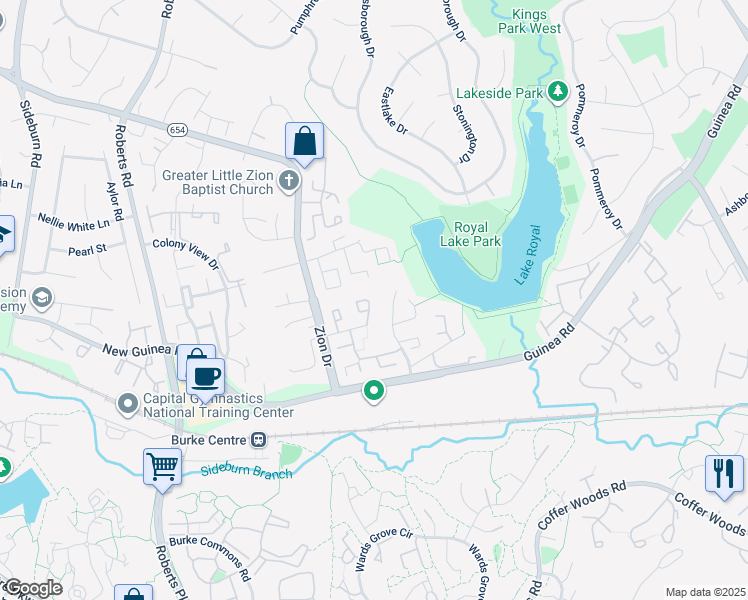 map of restaurants, bars, coffee shops, grocery stores, and more near 5510 Ridgeton Hill Court in Fairfax