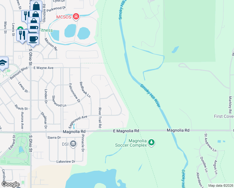 map of restaurants, bars, coffee shops, grocery stores, and more near 2257 Saddlebrook Drive in Salina