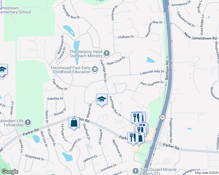 map of restaurants, bars, coffee shops, grocery stores, and more near 12444 Partridge Run Drive in Florissant