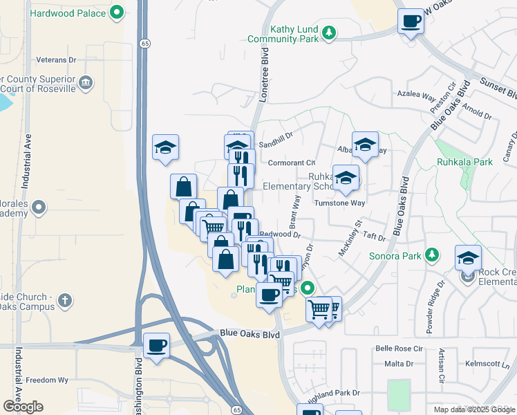 map of restaurants, bars, coffee shops, grocery stores, and more near 6508 Cleveland Court in Rocklin
