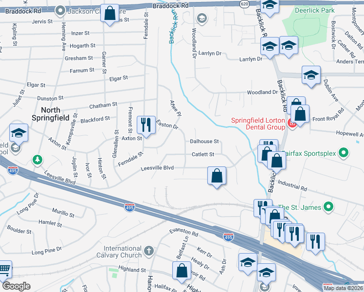 map of restaurants, bars, coffee shops, grocery stores, and more near 5506 Easton Drive in Springfield