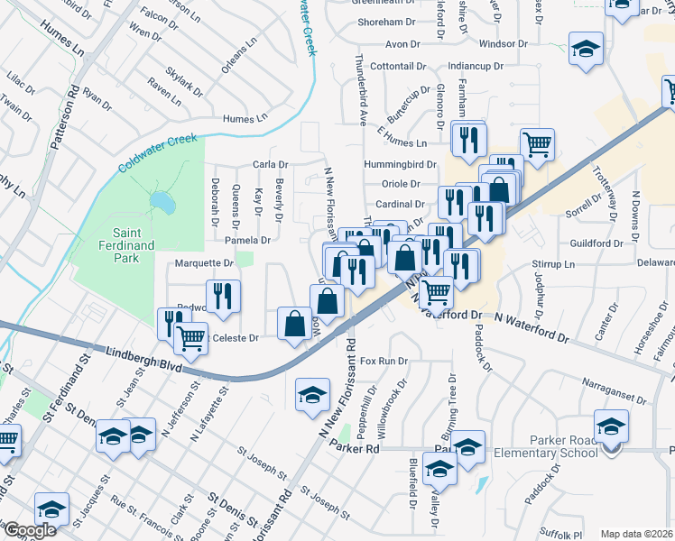 map of restaurants, bars, coffee shops, grocery stores, and more near 1825 North New Florissant Road in Florissant
