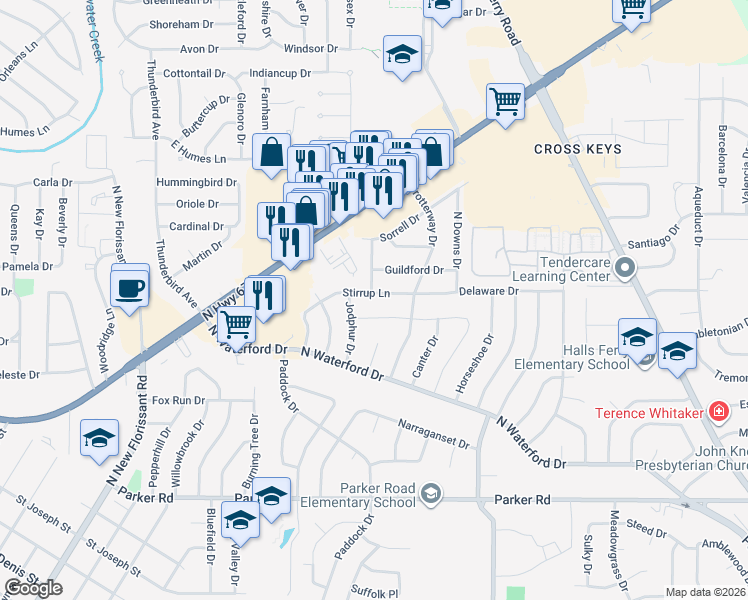 map of restaurants, bars, coffee shops, grocery stores, and more near 2510 Stirrup Lane in Florissant