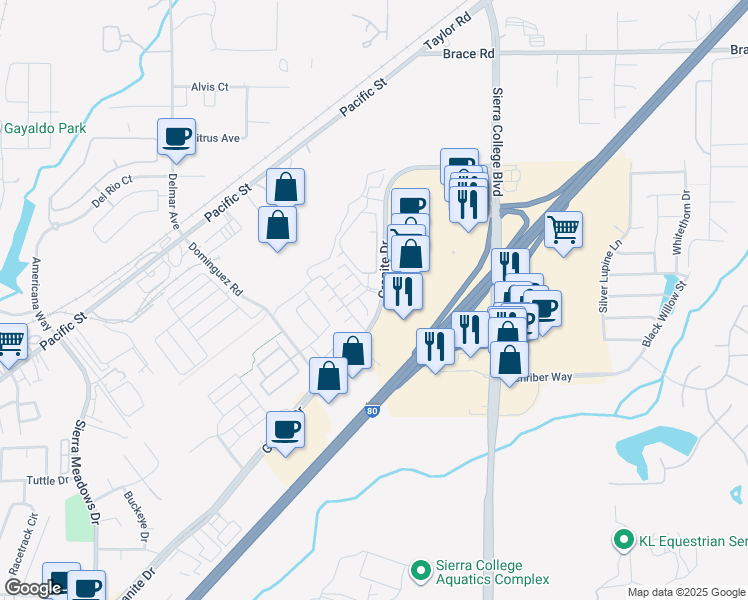 map of restaurants, bars, coffee shops, grocery stores, and more near 4907 Regatta Court in Rocklin