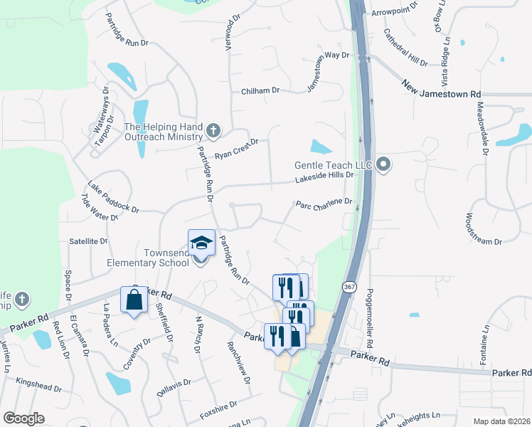 map of restaurants, bars, coffee shops, grocery stores, and more near 12406 Landau Drive in Florissant