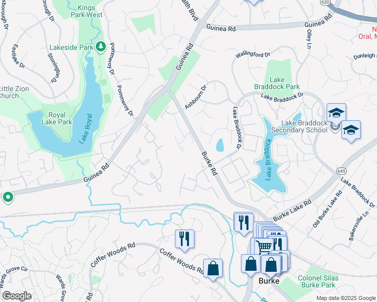 map of restaurants, bars, coffee shops, grocery stores, and more near 5553 Peppercorn Drive in Burke
