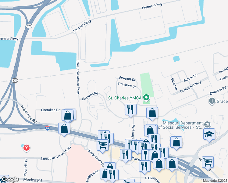 map of restaurants, bars, coffee shops, grocery stores, and more near 419 Newport Drive in St. Peters