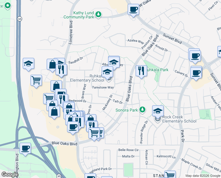map of restaurants, bars, coffee shops, grocery stores, and more near 6527 Turnstone Way in Rocklin