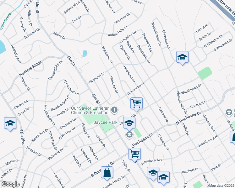map of restaurants, bars, coffee shops, grocery stores, and more near 2909 Elmcrest Drive in Saint Charles