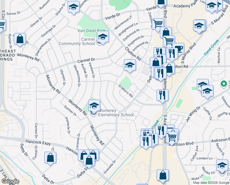 map of restaurants, bars, coffee shops, grocery stores, and more near 2117 Pepperwood Drive in Colorado Springs
