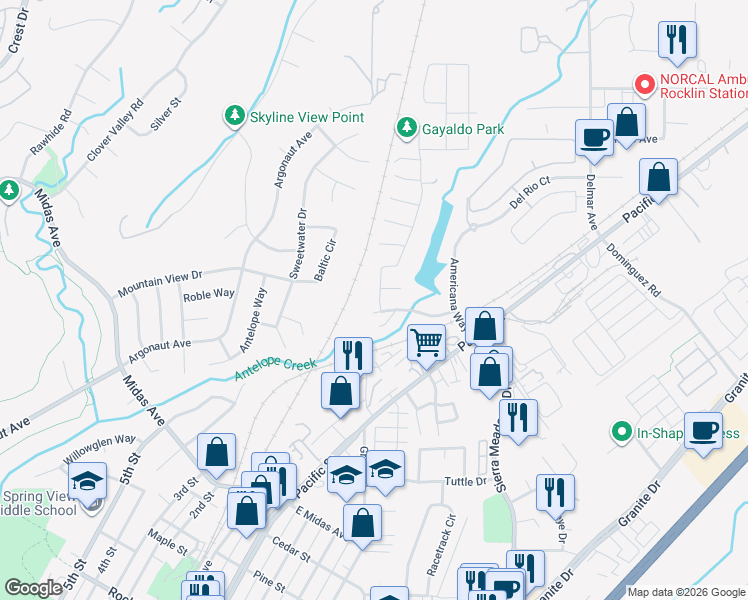 map of restaurants, bars, coffee shops, grocery stores, and more near 4056 Aitken Dairy Road in Rocklin