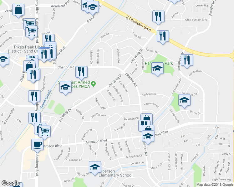 map of restaurants, bars, coffee shops, grocery stores, and more near 2070 Eddington Way in Colorado Springs