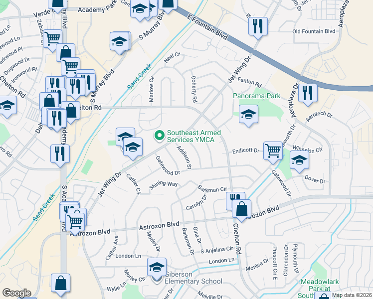 map of restaurants, bars, coffee shops, grocery stores, and more near 2070 Eddington Way in Colorado Springs