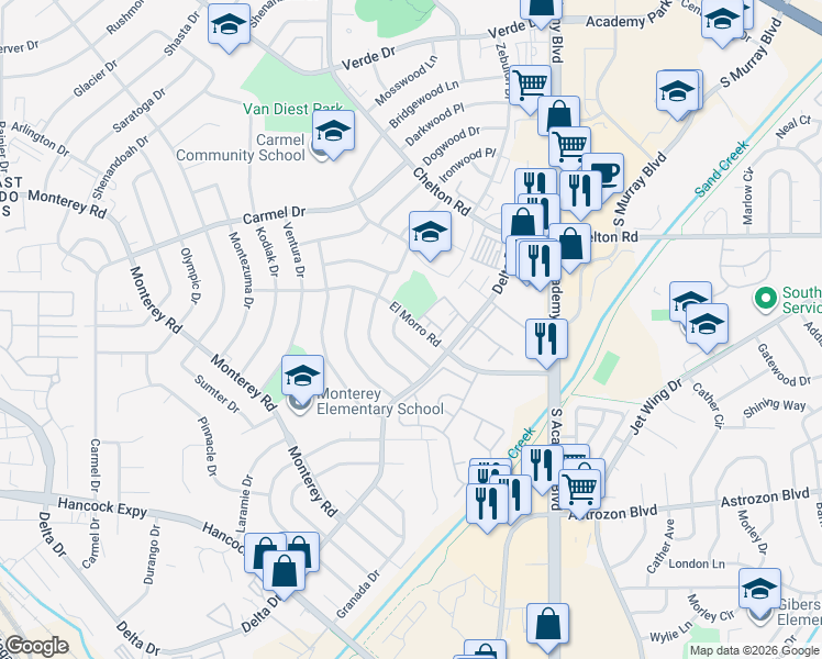 map of restaurants, bars, coffee shops, grocery stores, and more near 3535 El Morro Road in Colorado Springs