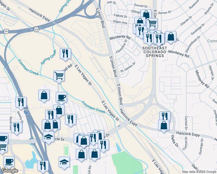 map of restaurants, bars, coffee shops, grocery stores, and more near 1978 Birmingham Loop in Colorado Springs