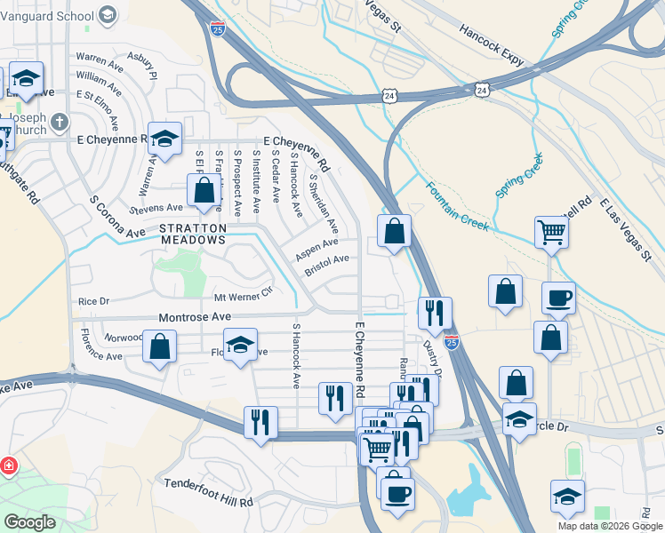 map of restaurants, bars, coffee shops, grocery stores, and more near 1213 Bristol Avenue in Colorado Springs