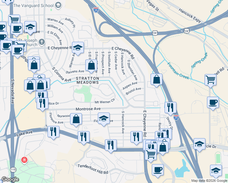 map of restaurants, bars, coffee shops, grocery stores, and more near 1135 Mount Werner Circle in Colorado Springs
