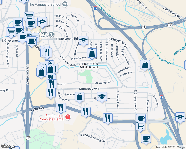 map of restaurants, bars, coffee shops, grocery stores, and more near 2005 South El Paso Avenue in Colorado Springs