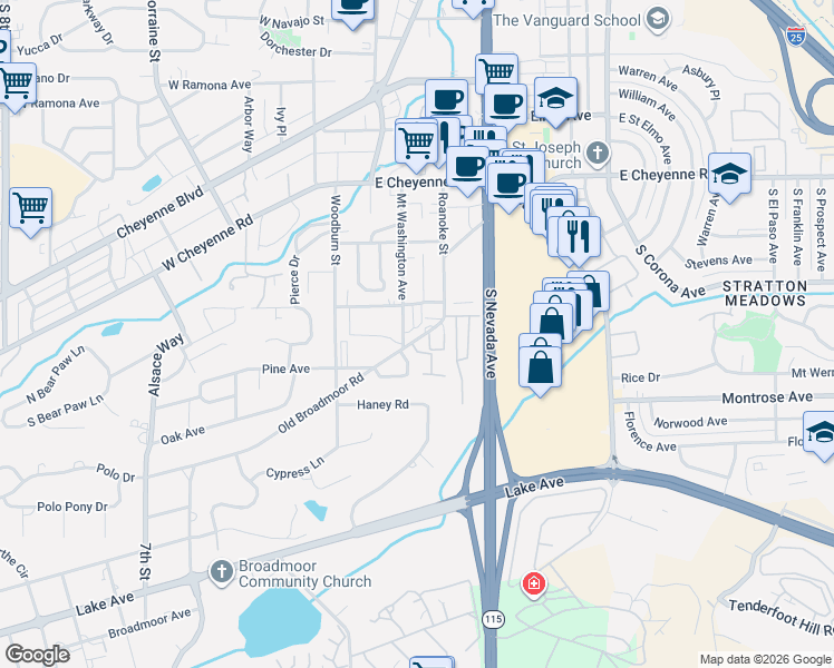 map of restaurants, bars, coffee shops, grocery stores, and more near 43 Old Broadmoor Road in Colorado Springs