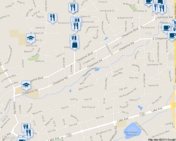 map of restaurants, bars, coffee shops, grocery stores, and more near 540 North Bear Paw Lane in Colorado Springs