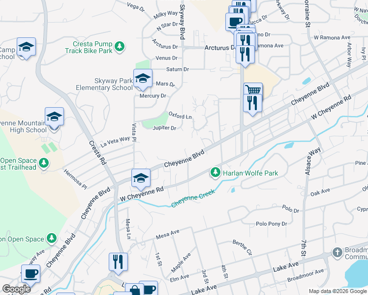 map of restaurants, bars, coffee shops, grocery stores, and more near 934 Cheyenne Boulevard in Colorado Springs
