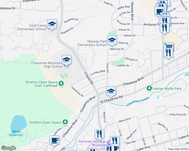 map of restaurants, bars, coffee shops, grocery stores, and more near 1223 La Veta Way in Colorado Springs