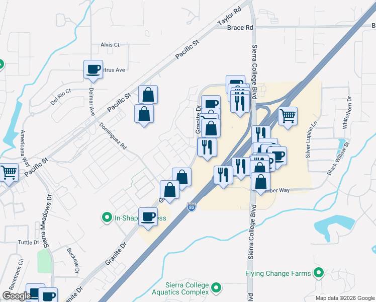 map of restaurants, bars, coffee shops, grocery stores, and more near 4907 Regatta Court in Rocklin