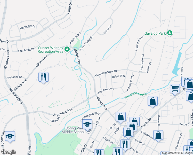 map of restaurants, bars, coffee shops, grocery stores, and more near 3200 Mission Way in Rocklin