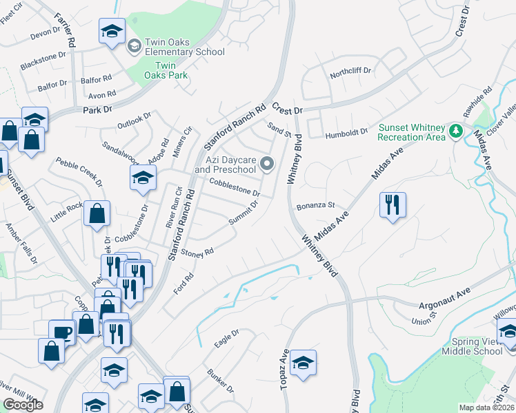 map of restaurants, bars, coffee shops, grocery stores, and more near 5719 Summit Drive in Rocklin