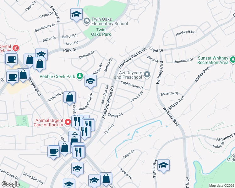 map of restaurants, bars, coffee shops, grocery stores, and more near 5729 Terrace Drive in Rocklin