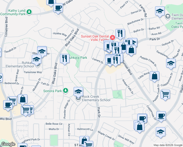 map of restaurants, bars, coffee shops, grocery stores, and more near 2224 Arnold Drive in Rocklin