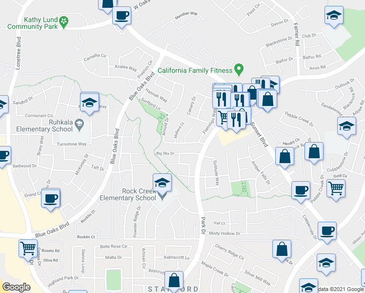 map of restaurants, bars, coffee shops, grocery stores, and more near 2224 Arnold Drive in Rocklin