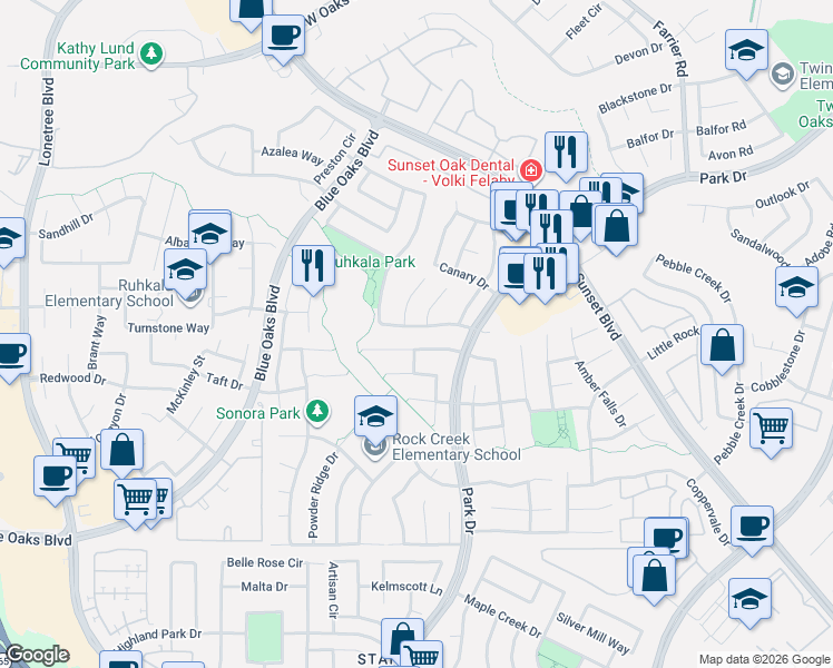 map of restaurants, bars, coffee shops, grocery stores, and more near 2224 Arnold Drive in Rocklin