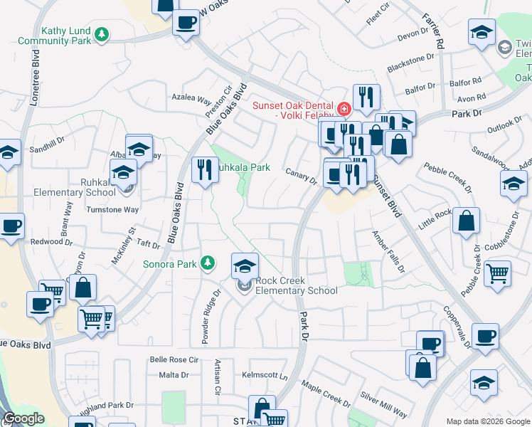 map of restaurants, bars, coffee shops, grocery stores, and more near 2224 Arnold Drive in Rocklin