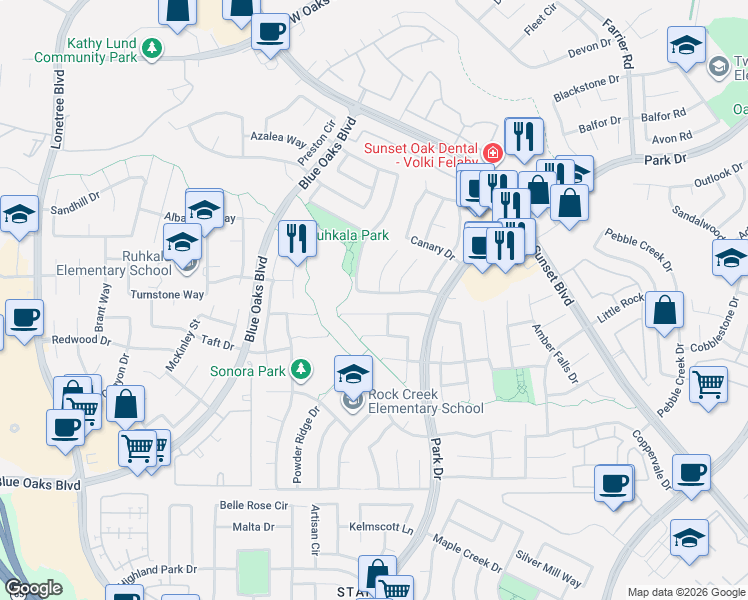 map of restaurants, bars, coffee shops, grocery stores, and more near 2208 Arnold Drive in Rocklin