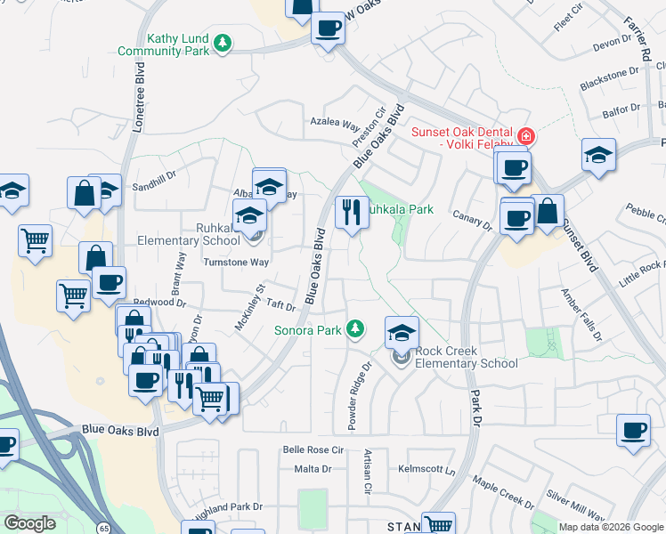map of restaurants, bars, coffee shops, grocery stores, and more near 6306 Lookout Pass Way in Rocklin