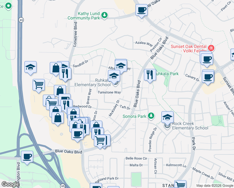 map of restaurants, bars, coffee shops, grocery stores, and more near 6527 Turnstone Way in Rocklin