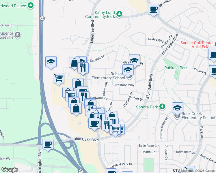 map of restaurants, bars, coffee shops, grocery stores, and more near 6547 Turnstone Way in Rocklin