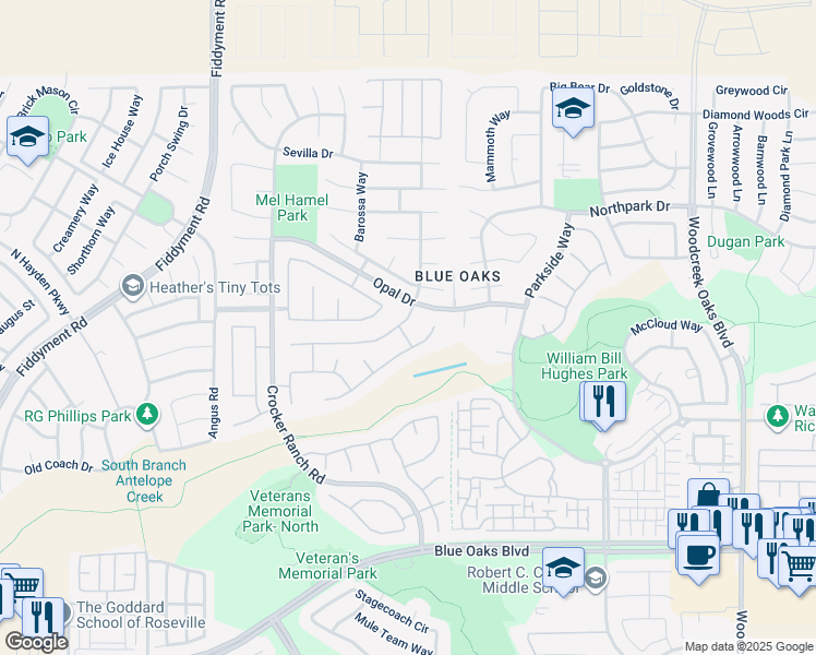 map of restaurants, bars, coffee shops, grocery stores, and more near 1632 Baroness Way in Roseville