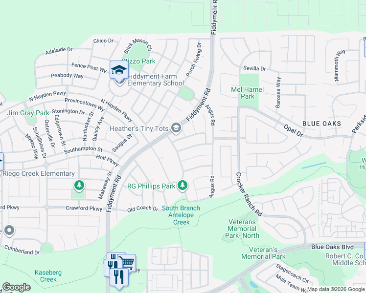 map of restaurants, bars, coffee shops, grocery stores, and more near 2032 Cattledrive Way in Roseville