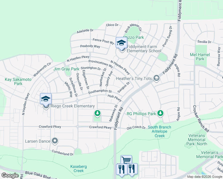 map of restaurants, bars, coffee shops, grocery stores, and more near 4056 Southampton Street in Roseville