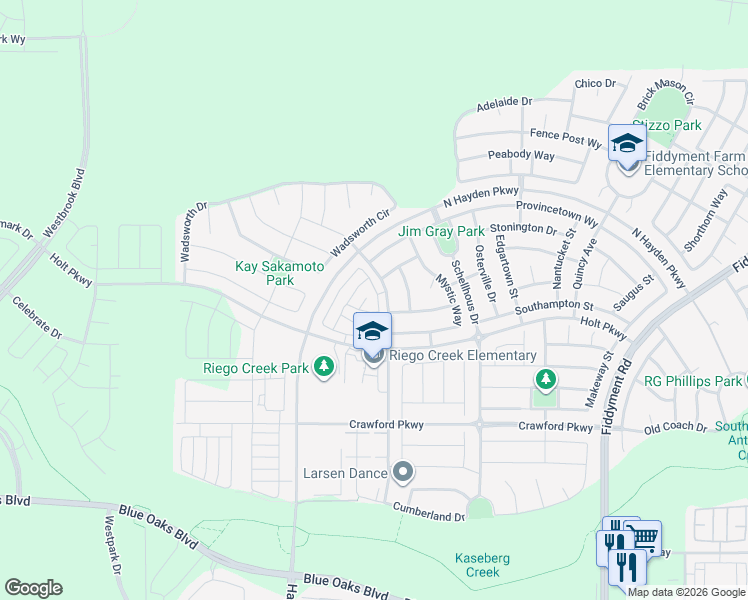 map of restaurants, bars, coffee shops, grocery stores, and more near 3364 Pruett Drive in Roseville