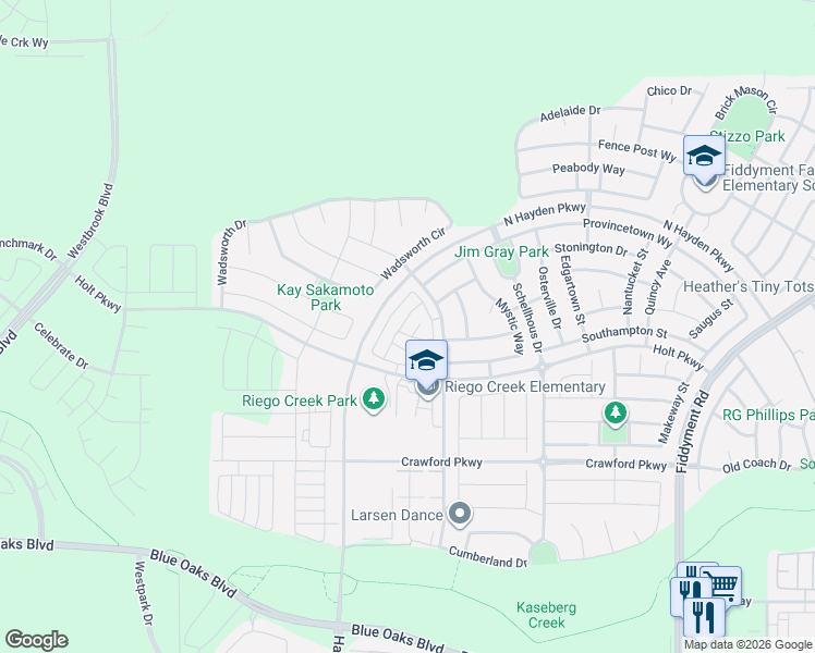 map of restaurants, bars, coffee shops, grocery stores, and more near 7185 Nobleboro Way in Roseville