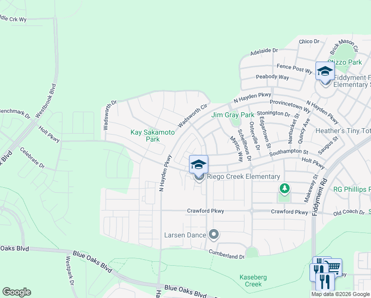 map of restaurants, bars, coffee shops, grocery stores, and more near 7185 Nobleboro Way in Roseville