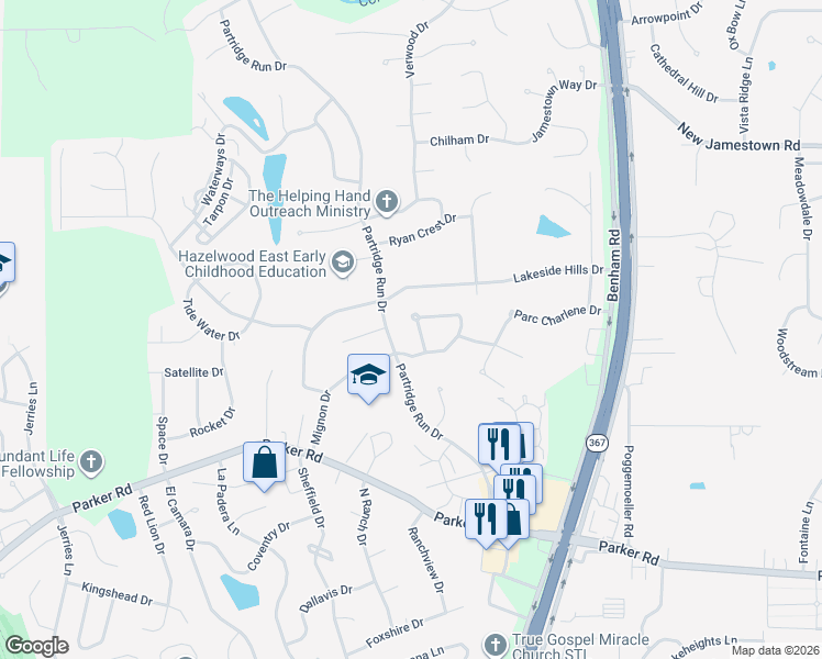 map of restaurants, bars, coffee shops, grocery stores, and more near 12444 Partridge Run Drive in Florissant